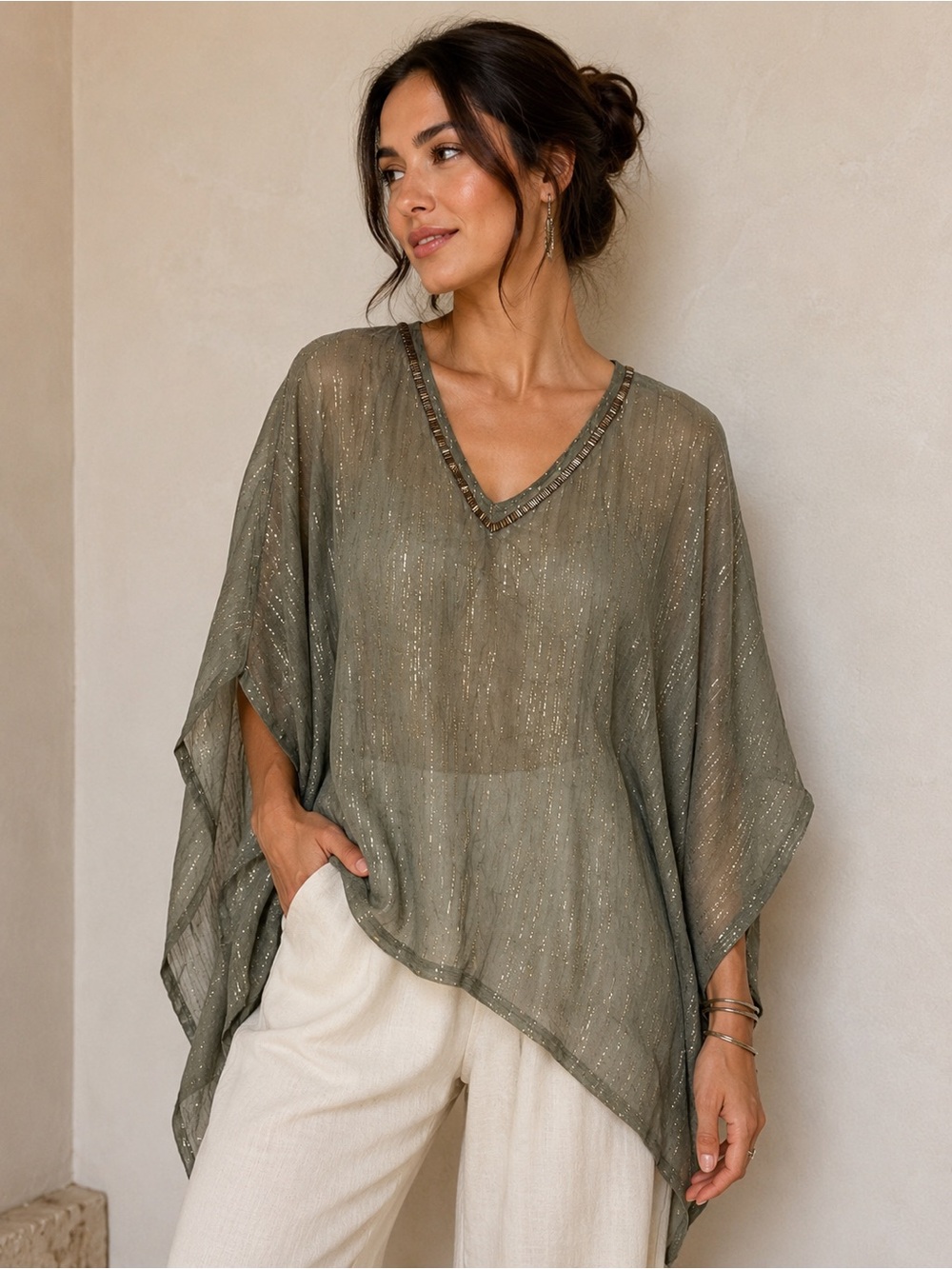 Chico's Olive Sheer Metallic-Thread V-Neck Tunic